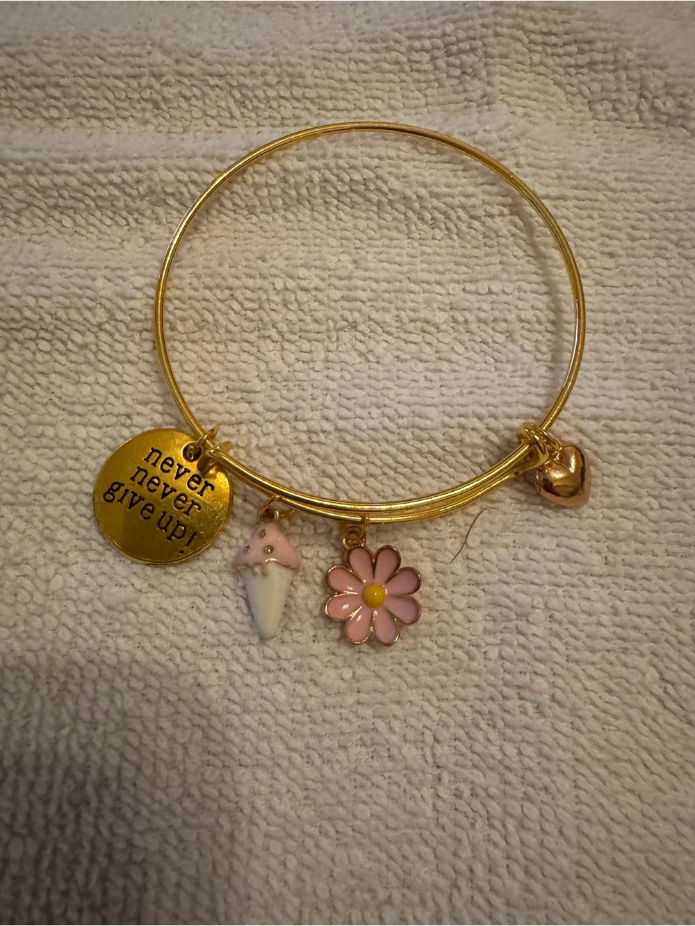 Gold Charm Bangle Bracelet with Pink Flower & Ice Cream Charms